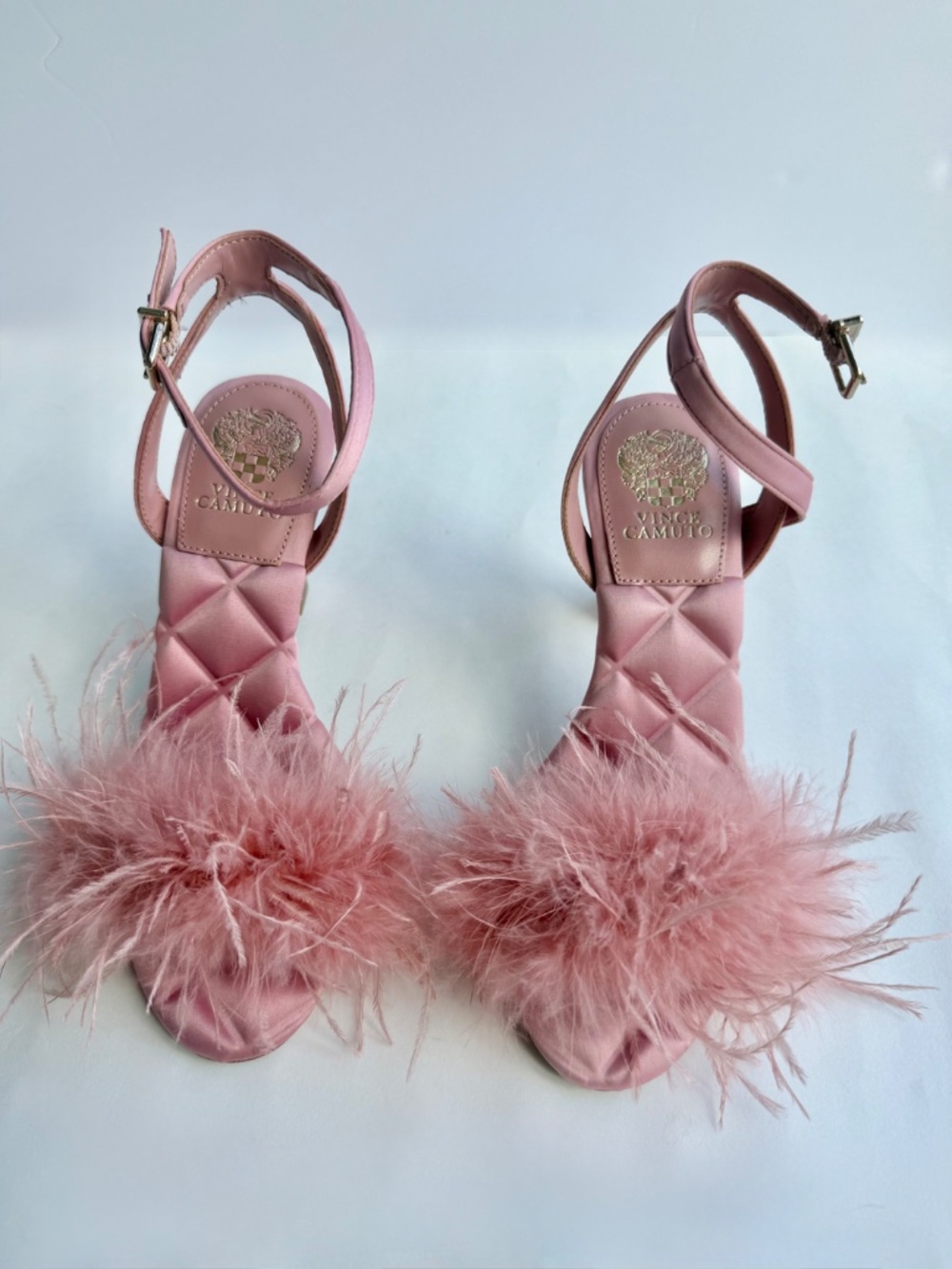 NEW Vince Camuto Pink Feather Heels Satin Ankle Strap Sandals Size 6 - Picture 2 of 4